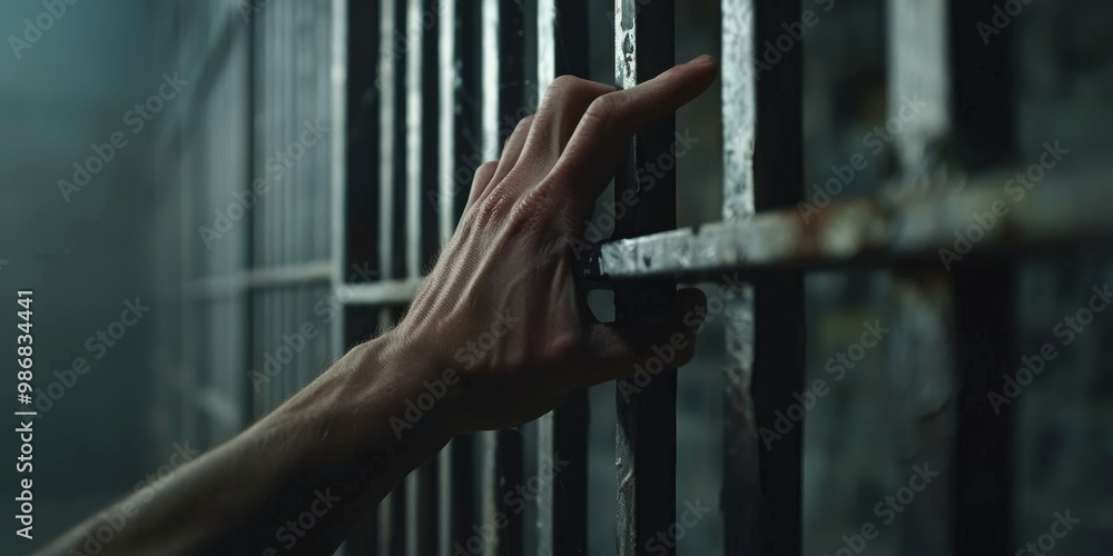 Detailed shot of a hand reaching through prison bars, symbolizing the