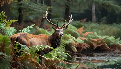 Wall Mural - Majestic red deer stag gracefully poised among ferns beside a tranquil pond