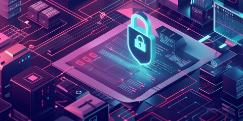 Leinwandbilder - Illustration of a security policy document with digital locks and shield icons, surrounded by cybersecurity elements and data protection symbols in a modern office setting