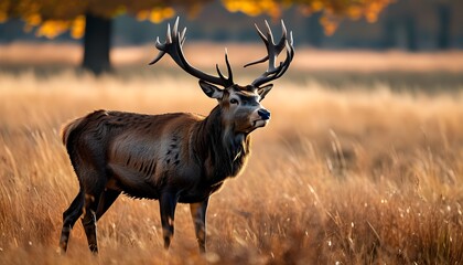 Wall Mural - Majestic red deer stag moving gracefully through a vibrant autumn field during rutting season