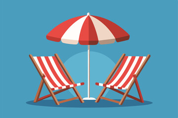 Seaside vacation flat vector illustration. Empty sun loungers and umbrella, on hot sand. Traveling in exotic, island, country. Tropical paradise with turquoise ocean waves and palm trees
