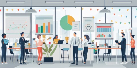 Wall Mural - A bustling office with employees celebrating a major business achievement, showcasing team spirit with trophies, charts, and success indicators prominently displayed