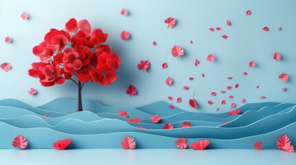 Wall Mural - Colorful Paper Landscape: Red-Leaved Tree Against Blue Sky