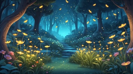 Wall Mural - Dreamy Garden with Fireflies Cartoon Background Design