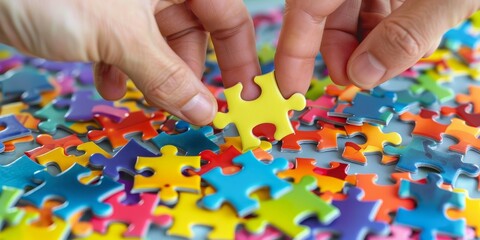 Detailed image of hands manipulating and fitting together vibrant puzzle pieces, illustrating the joy and satisfaction of solving a puzzle and achieving completion