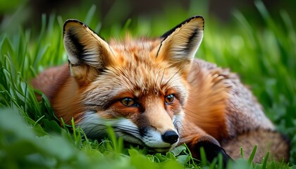 Red fox lounging on green grass in a vibrant garden setting