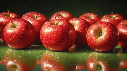 Wall Mural - Red Apples with Water Drops on Green Background