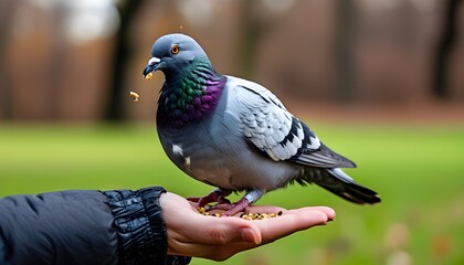 Wall Mural - Feral pigeons eagerly feeding from a hand in a serene park setting