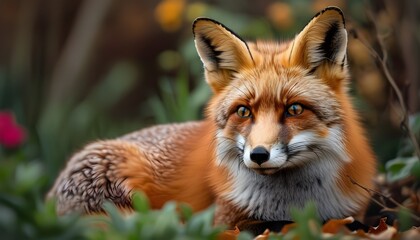 Graceful red fox nestled in a vibrant garden setting