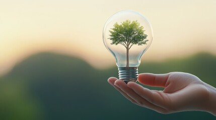 A hand holds a lightbulb with a small tree growing inside, symbolizing sustainable energy, environmental responsibility, and a commitment to a greener future.