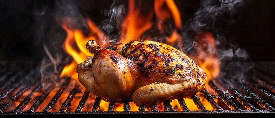 Grilled chicken sizzling over flames