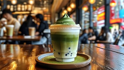 Vibrant metropolitan cafe filled with patrons savoring matcha lattes and artisanal pour-over coffees, capturing urban lifestyle and contemporary beverage trends