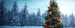 © ki - Realistic Christmas tree with festive decorations and lights, placed in an abstract and unreal background for poster or holiday promotional material, creating a magical and festive atmosphere.