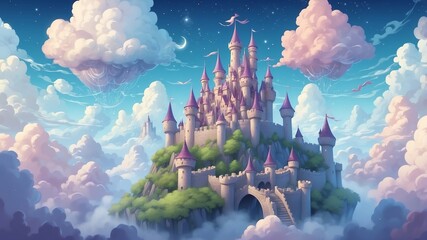 Wall Mural - Magical Castle in the Clouds Cartoon Background Design