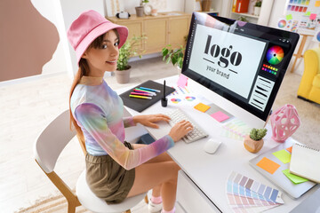 Canvas Print - Beautiful graphic designer working with computer at table in office