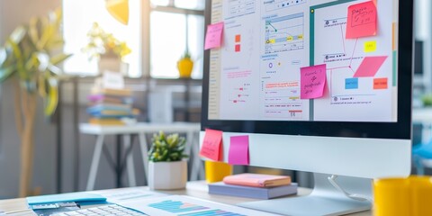 Fototapete - Close-up of a UX designer's workspace, featuring a computer with design software open, user flow diagrams, and color palettes, representing a focused design environment