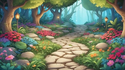 Wall Mural - Magical Garden Path with Pebbles Cartoon Background Design