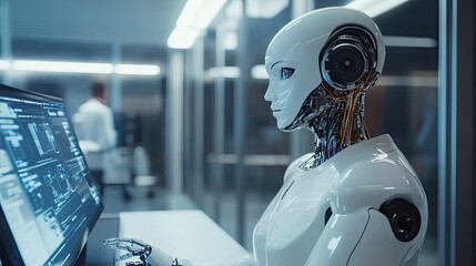 AI robot technology assisting humans in a futuristic workplace, performing complex tasks