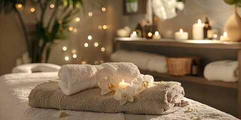 Spa environment with a beautifully arranged massage table, aromatic candles, fresh towels, and relaxing decor, creating a perfect atmosphere for relaxation and pampering