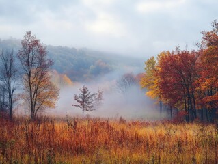 Canvas Print - An autumn landscape with a foggy morning and trees covered in rich fall colors