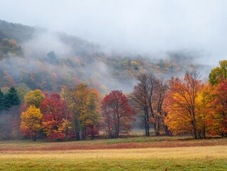 Canvas Print - An autumn landscape with a foggy morning and trees covered in rich fall colors