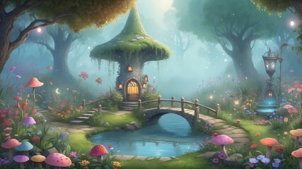 Wall Mural - Mystical Fog in the Fairy Garden Cartoon Background Design