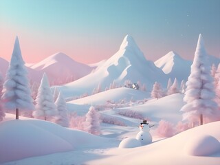 Wall Mural - abstract pastel 3D render of a winter landscape with a snowman