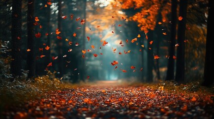 Wall Mural - autumn season forest trail with vibrant red and orange leaves falling from the trees