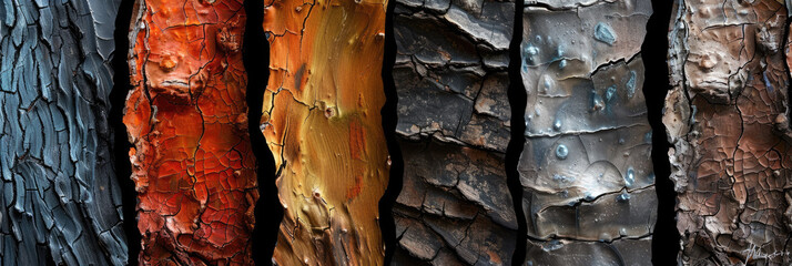 Textured surfaces in vibrant array of colors showcase beauty of natures bark. Each section reveals unique patterns and hues, evoking sense of wonder and appreciation for natural world