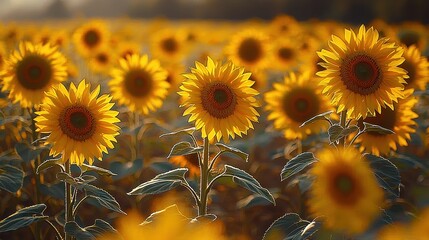 Wall Mural - Sunflowers Field at Sunset  Golden Hour Floral Background