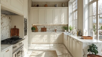 Sticker - Modern White Kitchen with Marble Countertops and Large Windows