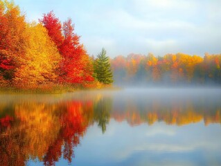 Wall Mural - mist rising in the early fall morning over a quiet lake, with vibrant autumn colors reflected in the