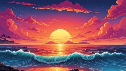 Wall Mural - Vibrant Sunset Over the Ocean Cartoon Background Design