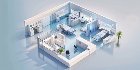 Wall Mural - Hospital departments at work: emergency room, diagnostics, and patient rooms, illustrating a well-structured medical facility with specialized areas for comprehensive care