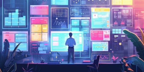 Fototapete - Office scene featuring a UX designer analyzing usability metrics on a large display, with detailed user journey maps and design drafts visible, showcasing data-driven design work