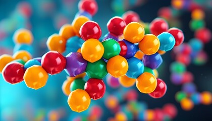 Wall Mural - Vibrant 3D rendering of a caffeine molecule showcasing interconnected colored spheres in a scientific model