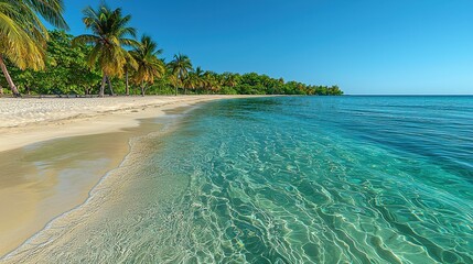 Wall Mural - Tropical Beach with Palm Trees and Crystal Clear Water