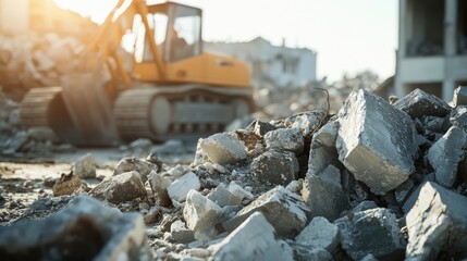 Construction Site Rubble and Debris with Excavator in the Background