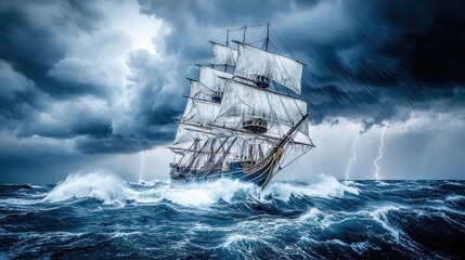 Sailing Through a Storm   Ship in Rough Seas with Lightning