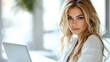 © BOJOShop - Beautiful Woman Working On Laptop In White Shirt