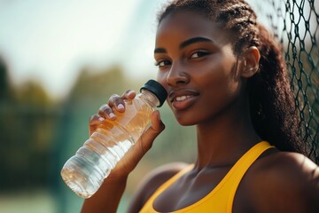 a girl drinks water on a tennis court