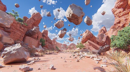 Wall Mural - Surreal Desert Landscape with Floating Rocks and Blue Sky