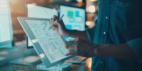 Fototapete - UX designer creating interactive prototypes on a tablet, with sketches, wireframes, and design tools visible, highlighting the iterative process of refining user interfaces