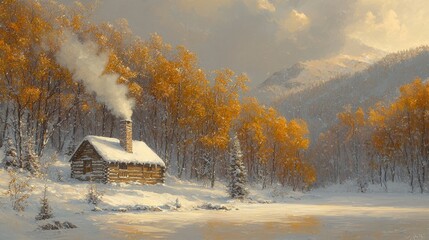 Sticker - Winter Wonderland Cabin by Frozen Lake with Smoke Rising