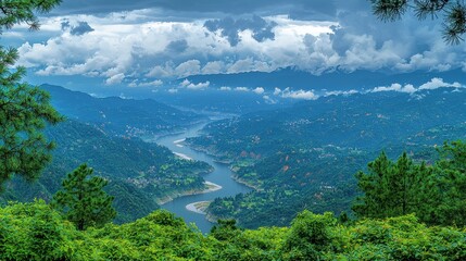 Poster - Serene Mountain Landscape with Winding River and Dramatic Clouds