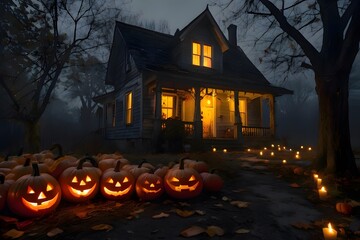 Wall Mural - Halloween, night, house, house, trees, moon, pumpkin, pumpkin lighting, Halloween pumpkin with a smile
