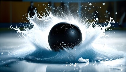 Wall Mural - Dynamic hockey puck gliding on ice with dramatic water splash, capturing motion and energy in an exhilarating moment