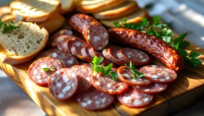 Savory display of salami slices and bread with herbs on a wooden board, beautifully lit by sunlight for a delightful snack presentation