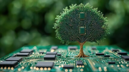 Sticker - Green Technology Tree on Circuit Board   Sustainable Future Concept