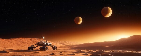 Mars rover exploring the red planet with two moons in the sky.